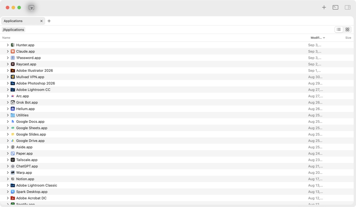 Hunter displaying applications in its native macOS file browser